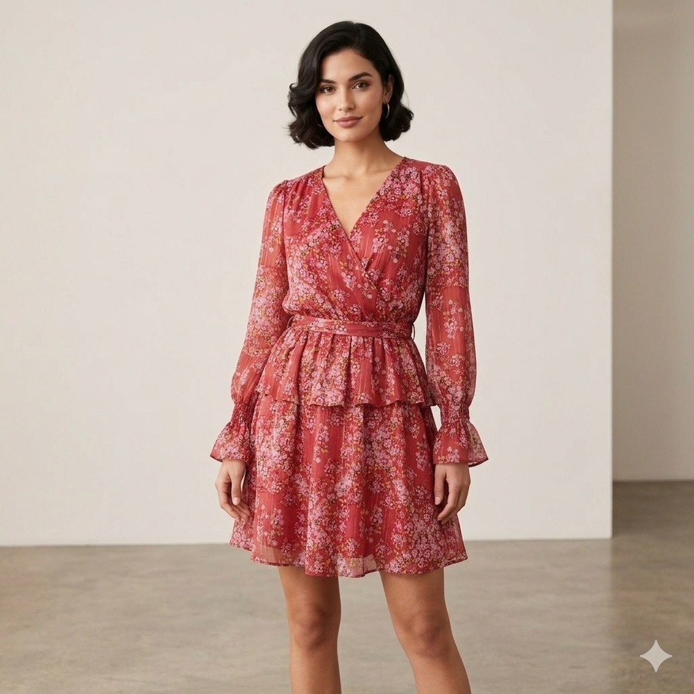LC Lauren Conrad Women's XS Red Pink Floral‎ Tiered Ruffle Wrap Mini Dress